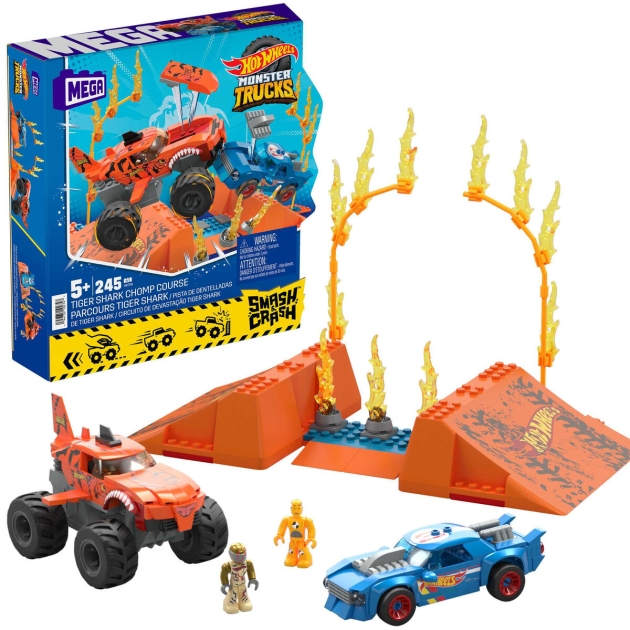 Statybos rinkinys Hot Wheels Mega Construx - Smash  Crash Shark Race 245 Dalys